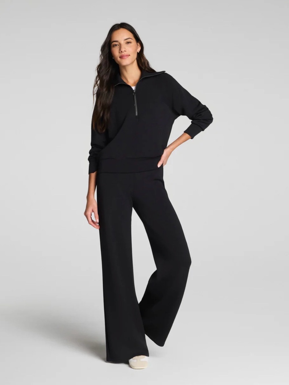 SPANX Air Essentials Black Sparkle Wide-Leg Pants/Zip-Neck Top